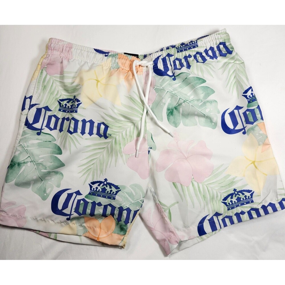 Corona Extra Men's Board Shorts Trunks White Blue Tropical Beer Beach Pool - Lg